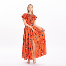 OEM Women Printed Chiffon Casual Dress Beach V Neck Split Long Dresses